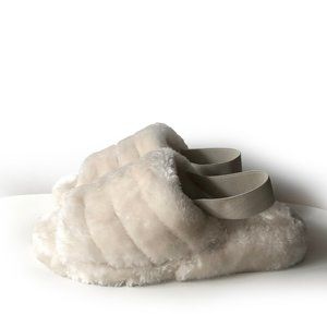 Cream off white faux fur teddy slippers with elastic back